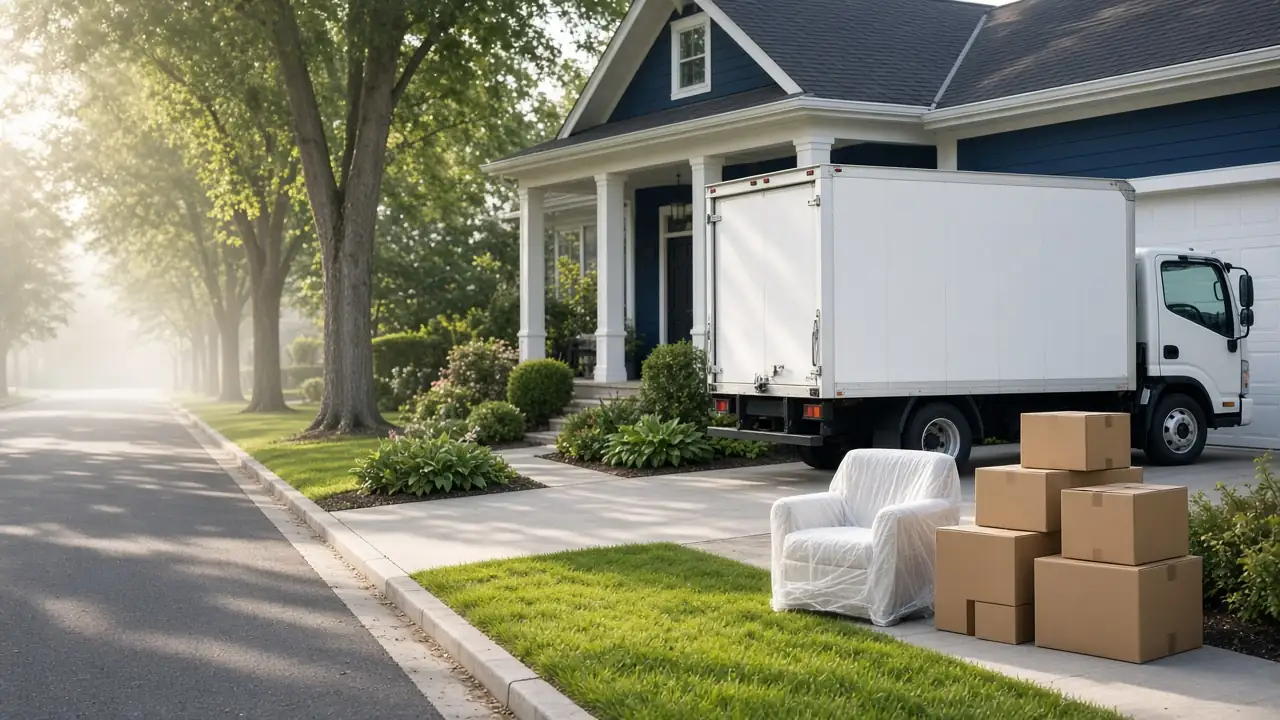 Illustrative image Unmarked white moving truck parked outside a suburban home with boxes and a wrapped armchair on the driveway